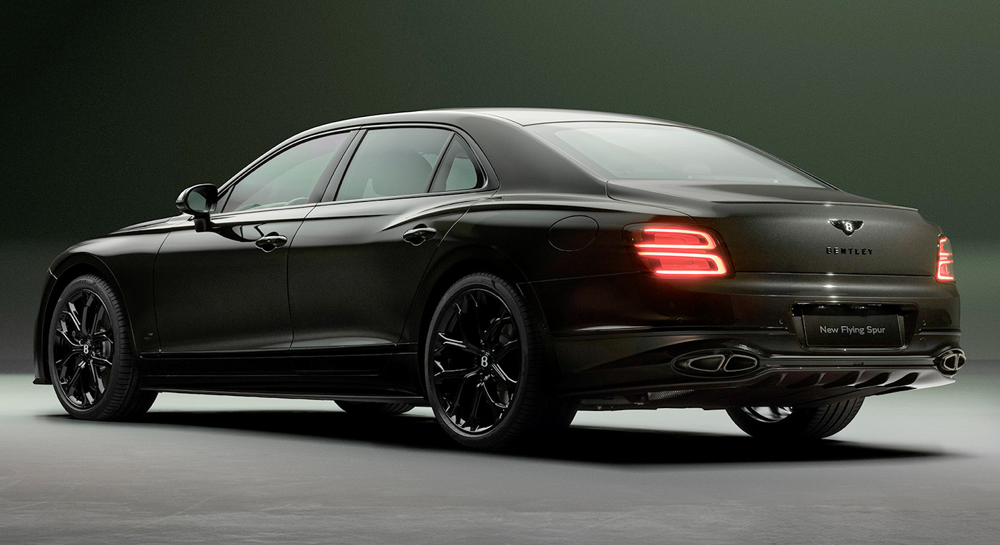 Luxury black luxury Bentley Spur sedan with sleek curves, glowing red taillights, and chrome exhausts. Set against a dark gradient background, exuding elegance and power.